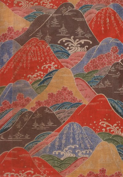Bingata Textile Fragment: Cherry Blossoms, Waves, Mountains Motifs by Unbekannt Unbekannt